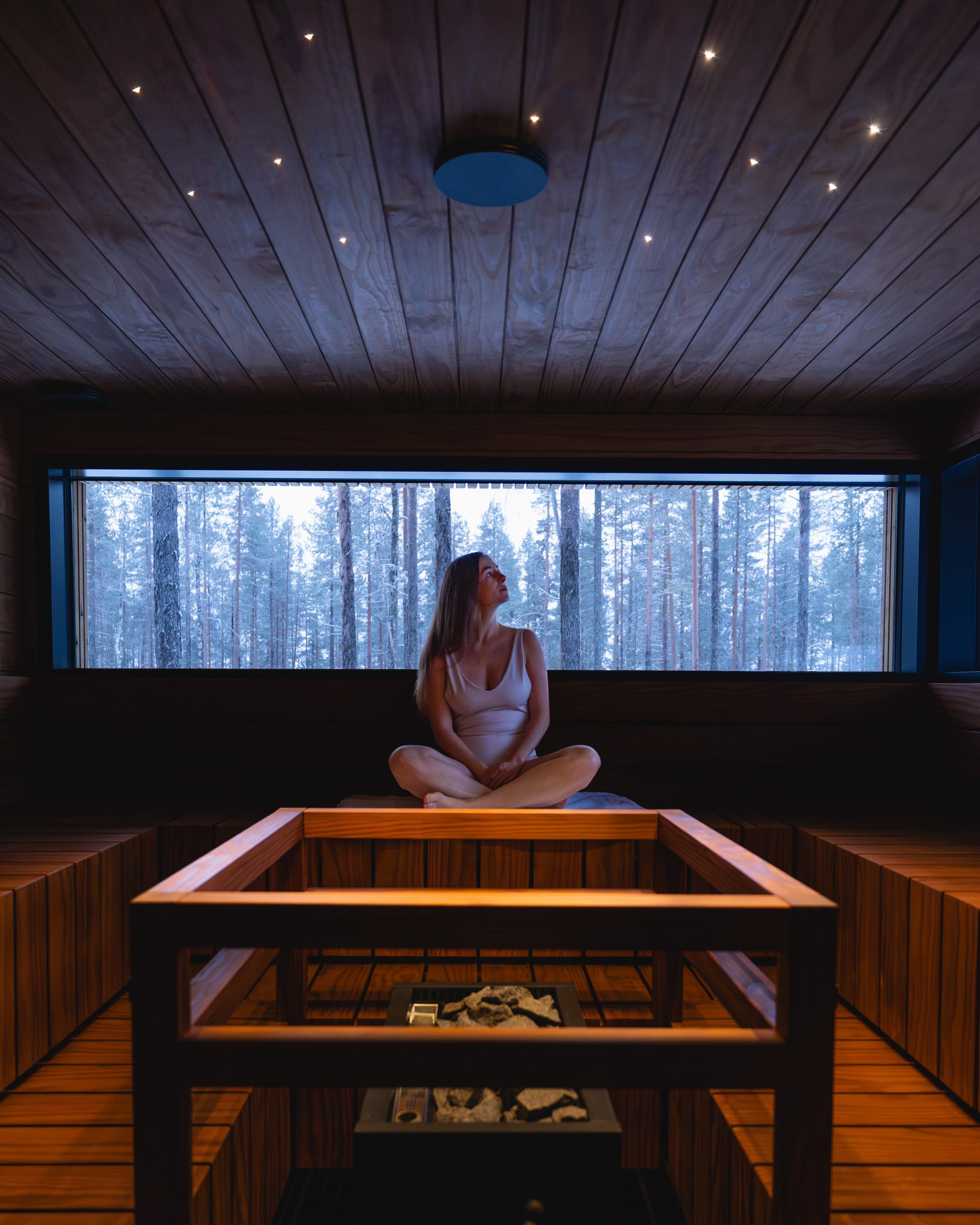 Banco de sauna con vistas a la naturaleza ártica