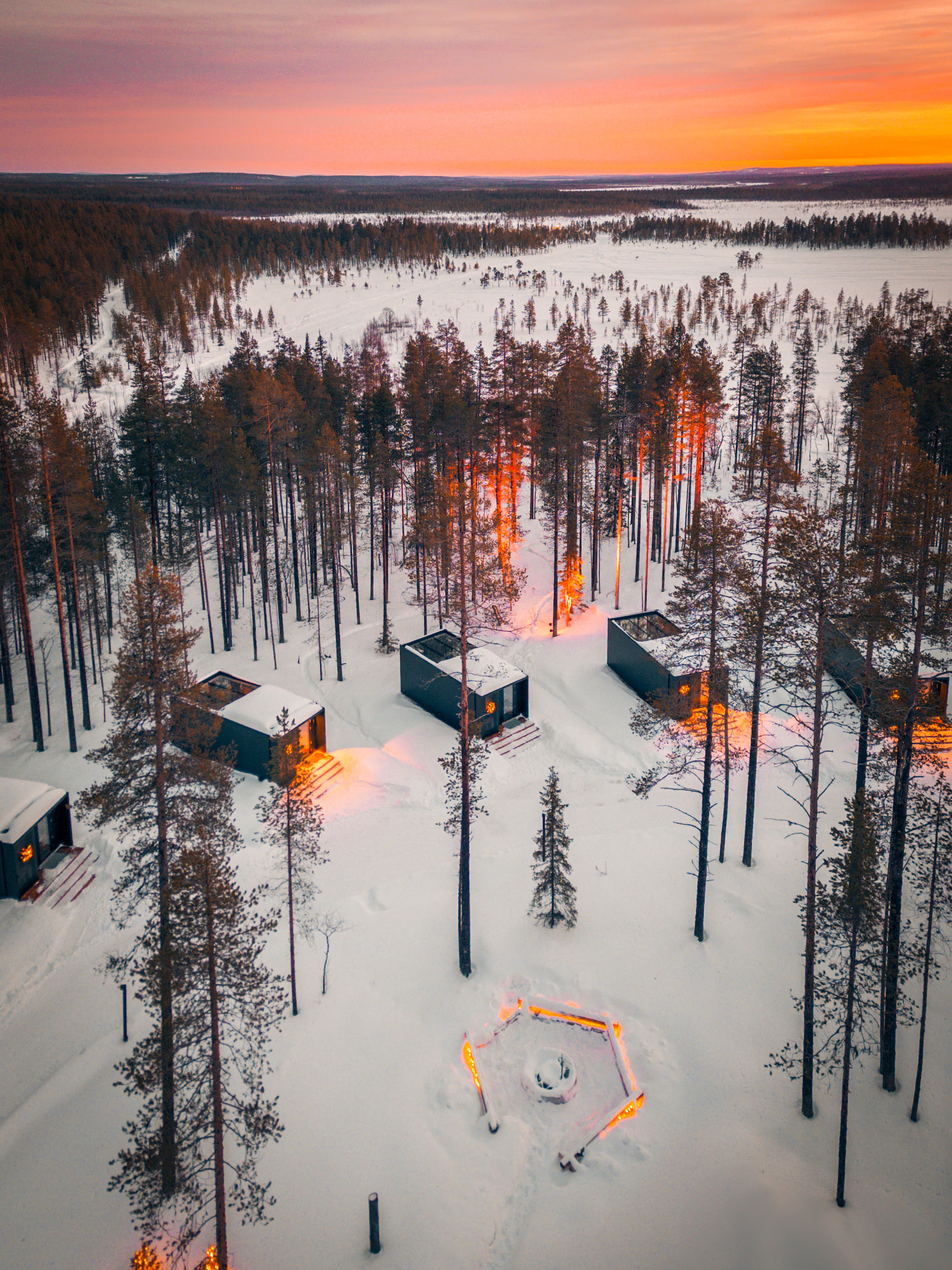Aerial view of Olo Resort nestled in the Lapland forest