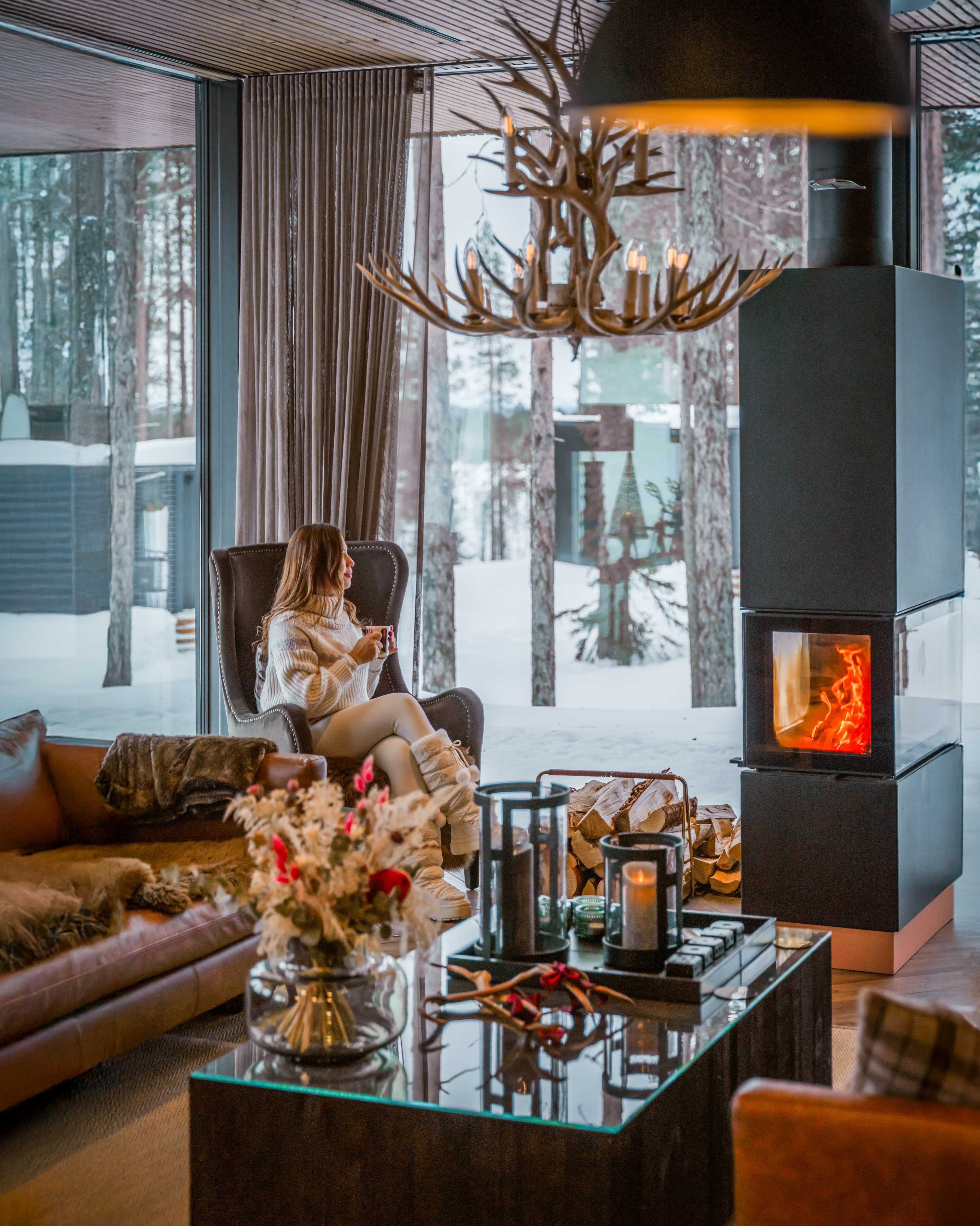 Coffee in an armchair by the fire, watching the snow